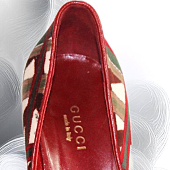 Gucci Velvet Geometric Cream Maroon Green Signed Platform Pumps, Size 6 - Picture 8 of 11